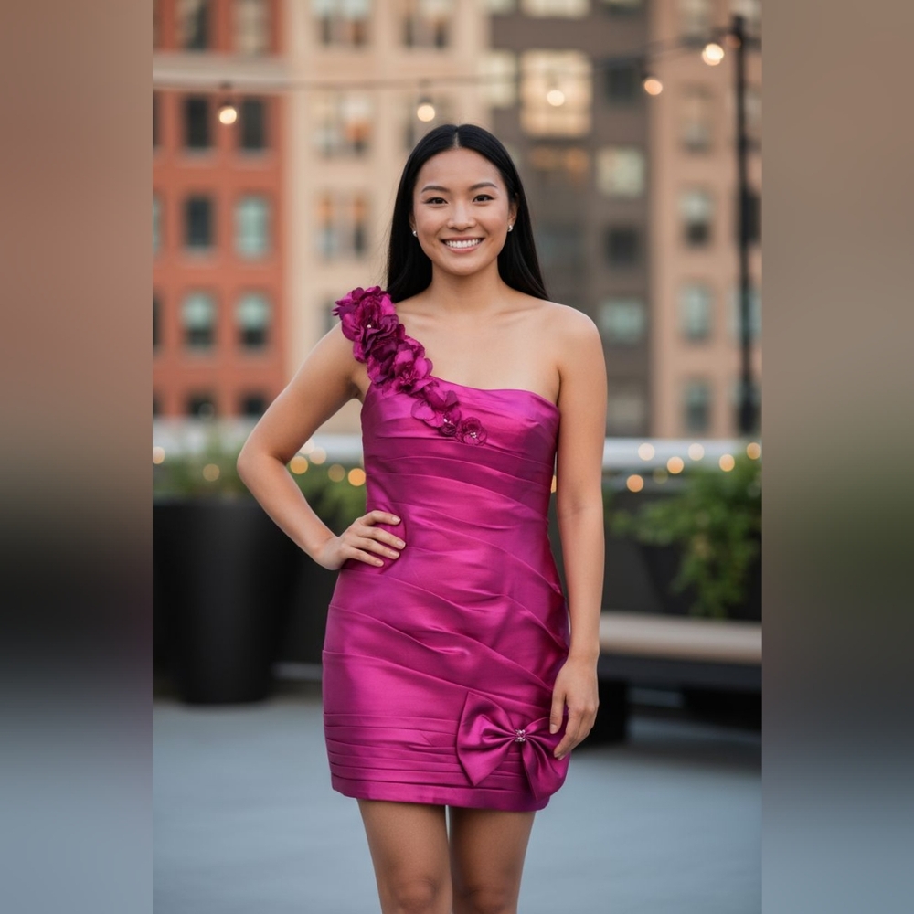 12 Me Prom Elegant Fuchsia Satin Dress with Bow Detail